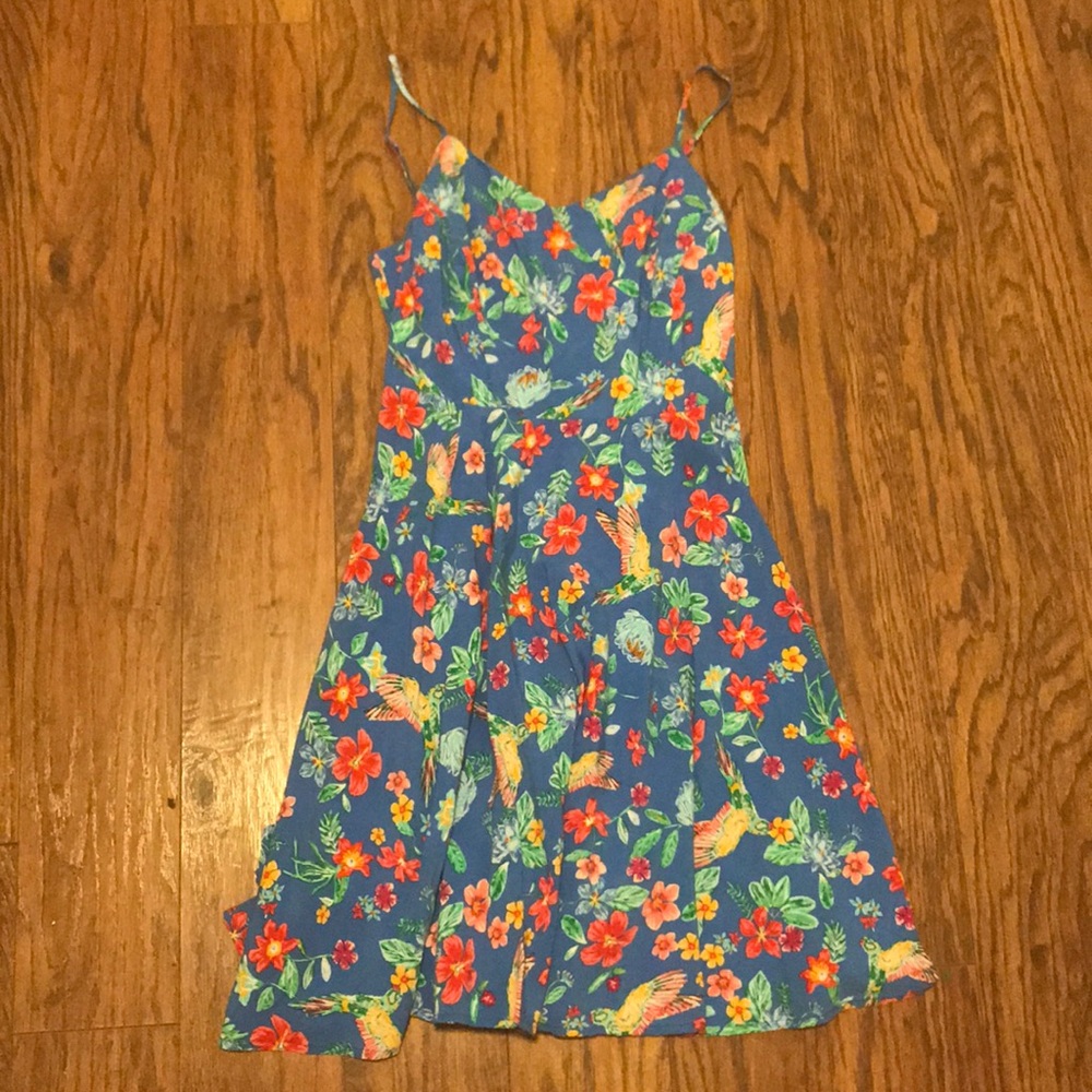 Blue dress with flowers and birds